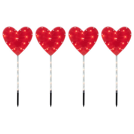 4ct Red Heart Valentine's Day Pathway Marker Lawn Stakes, Clear Lights