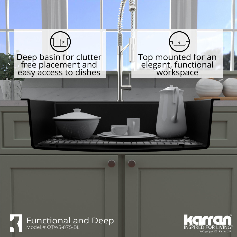 Karran Top Mount 33" Single Bowl Quartz Workstation Kitchen Sink, Black