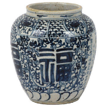 Vintage Style Reverse Blue and White Porcelain Lucky Motif Flower Vase 8"