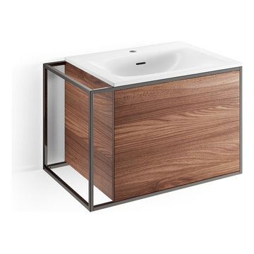 Wall Mounted Single Sink Bathroom Vanity Walnut/ Black