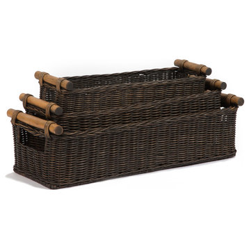 Long Narrow Pole Handle Wicker Basket, Antique Walnut Brown, Small