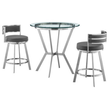 Naomi & Roman Dining Set, Brushed Stainless Steel and Gray Faux Leather, 3 Piece Set