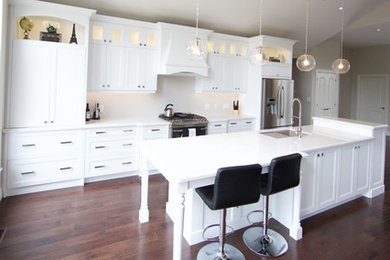Inspiration for a large transitional galley medium tone wood floor eat-in kitchen remodel in Toronto with a double-bowl sink, shaker cabinets, white cabinets, quartz countertops, stainless steel appliances and an island