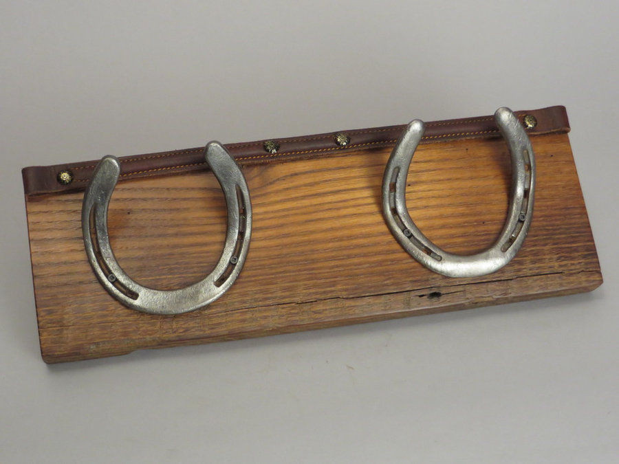 #R15004 Coat Rack. Reclaimed Chestnut, horseshoes, leather.