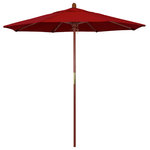 March Products - 7.5' Wood Umbrella, Jockey Red - The classic look of a traditional wood market umbrella by California Umbrella is captured by the MARE design series.  The hallmark of the MARE series is the beautiful 100% marenti wood pole and rib system. The dark stained finish over a traditional marenti wood is perfect for outdoor dining rooms and poolside d- cor. The deluxe push lift system ensures a long lasting shade experience that commercial customers demand. This umbrella also features Sunbrella fabrics, which are built on a foundation of solution-dyed acrylic yarn, the most resilient and solid material for prolonged sun exposure, to offer even longer color retention rating than competing material sources.