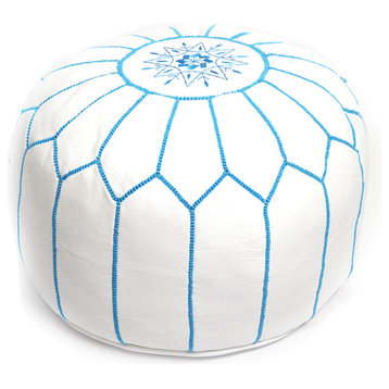 Moroccan Leather Pouf, White With Turquoise Stitching