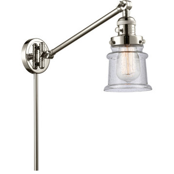 Small Canton 1 Light Swing Arm or Wall Lamp, Polished Nickel, Seedy Glass
