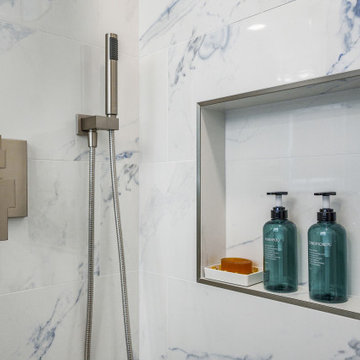 Irvine Bathroom Remodel with Marble-Look Porcelain Tile & Recessed Shower Niche