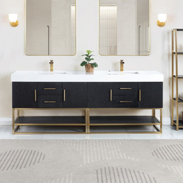 Bianco Bathroom Vanity Composite Stone Top, Black Oak/Brushed Gold, 84", Without Mirror