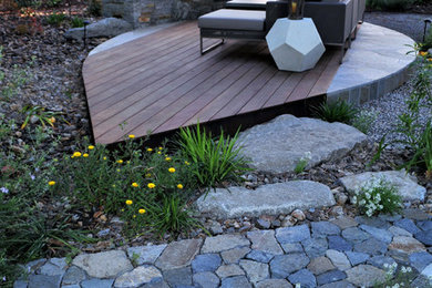 This is an example of a mid-sized asian backyard gravel water fountain landscape in San Diego.