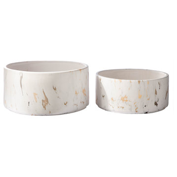 Round Ceramic Pot with Sketch Abstarct Design Matte White Finish, Set of 2