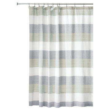 iDesign Wide Stripe Fabric Shower Curtain, 72"x72", Navy and Sage