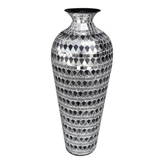 Black And Silver Mosaic Glass Sparkly Floor Vase Tall 48cm 