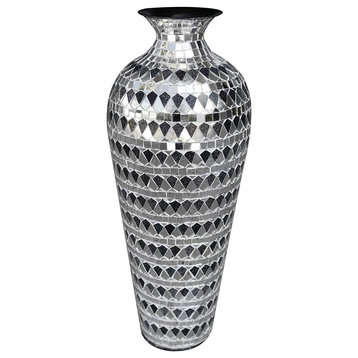Metal Floor Vase with Glass Mosaic in Elegant Silver & Black Tessellation Patter