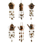 Zaer Ltd - 6-Piece Assorted Style Hanging Birdhouse Wind Chimes - A customer and staff favorite, this Set of 6 Assorted Birdhouse Wind Chimes are very reminiscent of Alice in Wonderland. Shaped in various forms from typical birdhouse to teapot, each bronzey-copper finished house includes a cast iron bell and hanging gardening tool as decoration. They sound almost as good as they look, making the most wonderful music when touched by a hand or caressed by a Summer breeze, so they're great to hang outside your entrance to attract friends and family.