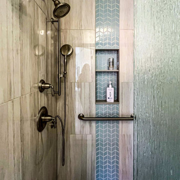 Primary Bathroom with Custom Corian and Tiled Shower, Tiled Tub Surround