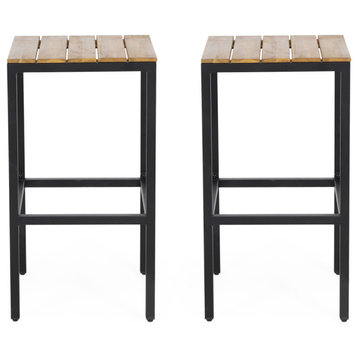 Noe Outdoor Industrial Acacia Wood Bar Stools, Set of 2, Teak Finish, Black