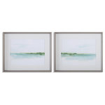 Uttermost - Uttermost Green Ribbon Coast Framed Prints Set/2 - This Set Of Abstract Coastal Landscapes Captures Calming Blue And Green Tones. Each Print Is Under Glass And Is Surrounded By A White Linen Mat And Gray Tone Pine Frame. Artwork By June Vess.