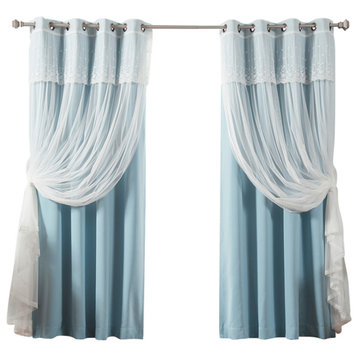 Tulle Sheer with Attached Valance & Solid Blackout Mix & Match, Ocean, 52"x96"