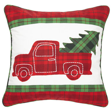 Plaid Truck With Tree Applique Embroidered Pillow