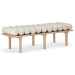 Meridian Furniture - Landon Faux Leather Bench, Cream, Natural Oak Finish - Outfit your foyer, bedroom, dressing room or other area of the home with this handsome cream Landon vegan leather bench. A rolled vegan leather seat upholstered in cream vegan leather gives this uniquely designed bench the luxe look of leather without the maintenance requirements. Built to last, this art-deco-inspired bench has a solid oak base finished in natural oak for a beautiful, resort feel in whatever room you wish to use it in.
