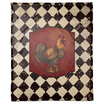 Distressed White Black Tile Pattern With Rooster 50x60 Coral Fleece Blanket