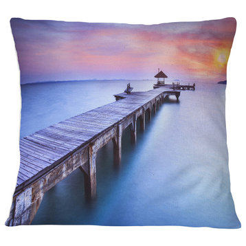 Wooden Bridge over Blue Waters Pier Seascape Throw Pillow, 18"x18"