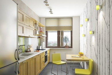 Eat-in kitchen - small transitional single-wall eat-in kitchen idea in London with shaker cabinets, light wood cabinets and no island