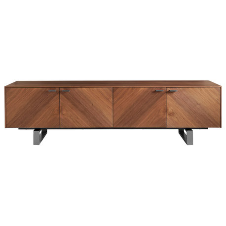 Alvarado 71" Media Stand, American Walnut With Brushed Stainless Steel Base