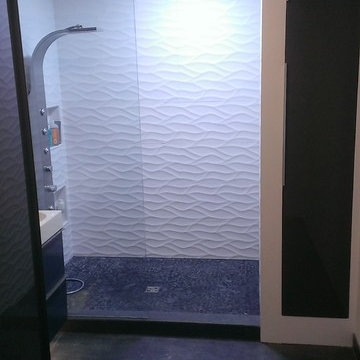 MASTER BATHROOM - Large Wave Tile Shower / Penny Tile Wainscot / Ikea Cabinets