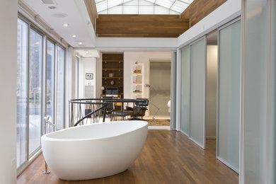 This is an example of a large contemporary master bathroom in Chicago with a freestanding tub, medium hardwood floors and brown floor.