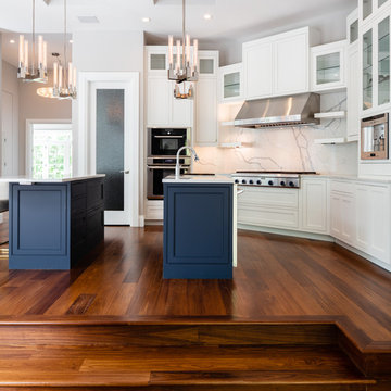White Beaded Inset Cabinets with Double Navy Island