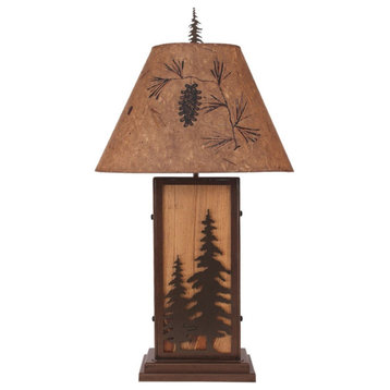 Woodland Iron and Stained Wood Table Lamp With Feather Tree Accents