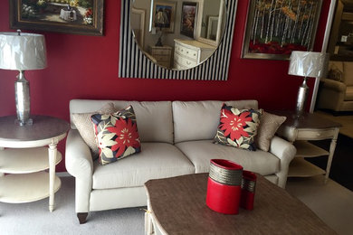 Mid-sized eclectic open concept carpeted living room photo in San Francisco with red walls and no fireplace