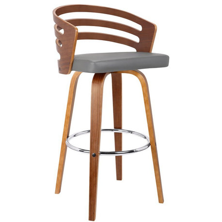 Armen Living Jayden 30" Modern Wood & Fabric Swivel Bar Stool in Walnut/Gray