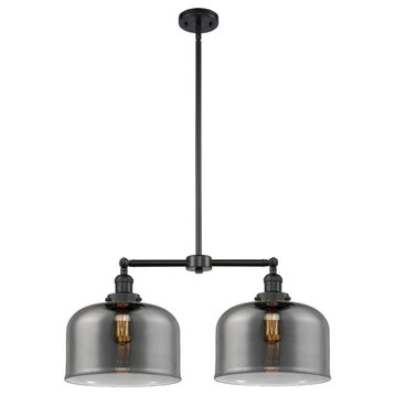 Large Bell 2-Light Chandelier, Matte Black, Glass: Plated Smoked