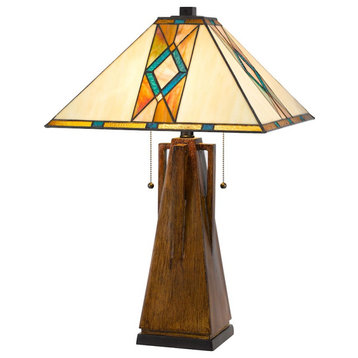 Cal Lighting Tiffany 2 Light Geometric Table Lamp, Tiffany/Wood