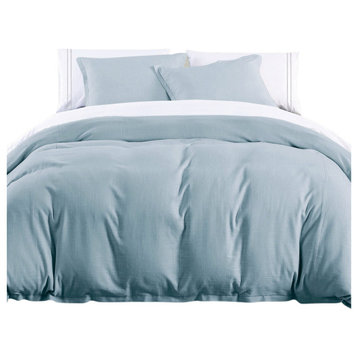 Hera Washed Linen Flange Comforter Set, 3 Piece, Light Blue, Queen