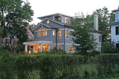Mid-sized arts and crafts gray three-story wood house exterior photo in DC Metro with a shingle roof