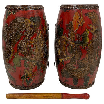 Consigned Antique Tibetan Hand Painted Dragon Drums - a Pair