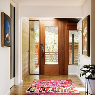 Inspiration för en retro hall, med vita väggar, mellanmörkt trägolv, en enkeldörr och glasdörr