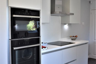 This is an example of a mid-sized modern galley eat-in kitchen in Other with flat-panel cabinets, grey cabinets, solid surface benchtops and no island.
