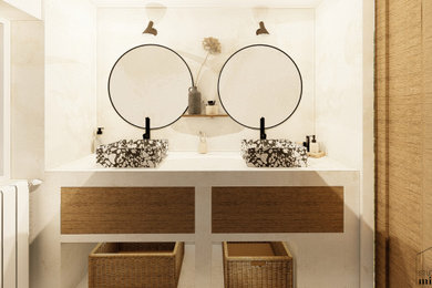 Cette photo montre une salle d'eau méditerranéenne de taille moyenne avec une baignoire encastrée, WC séparés, un carrelage beige, un mur beige, sol en béton ciré, un lavabo posé, un plan de toilette en béton, un sol beige, un plan de toilette beige et meuble double vasque.