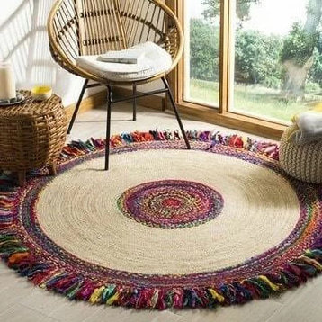 Round Area Rug, Handwoven Braided Jute With Multicolor Border & Fringed Edge, 7'
