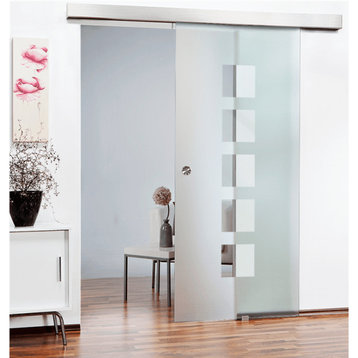 Semi Privat Glass Sliding Barn Door with various Geometric Designs, 26"x84" Inch