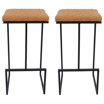 Quincy Quilted Stitched Leather Bar Stools, Metal Frame Set of 2, Light Brown