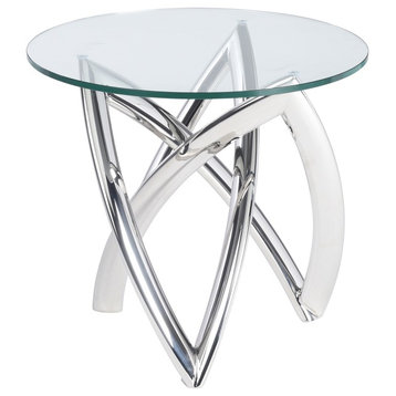 Martina Side Table, Round Glass Top, Polished Stainless Steel Base End Table