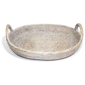 White Wash Rattan Oval Tray With Loop Handles