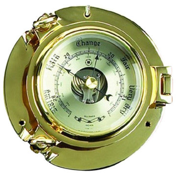 Lacquered Brass Porthole Barometer With Beveled Glass