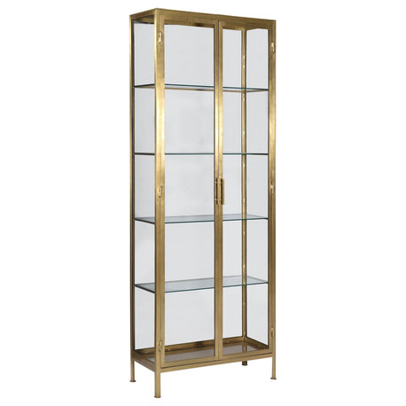 Carley 84" Tall Narrow Brass Finished Iron and Glass Display Cabinet